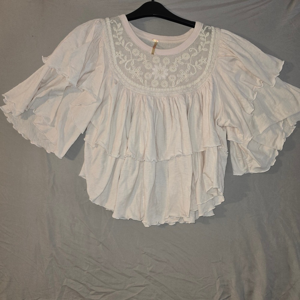 Free People Rose Party Tea Ruffle Blouse Small Ivory Embroidered Tiered Boho Top - Picture 3 of 9